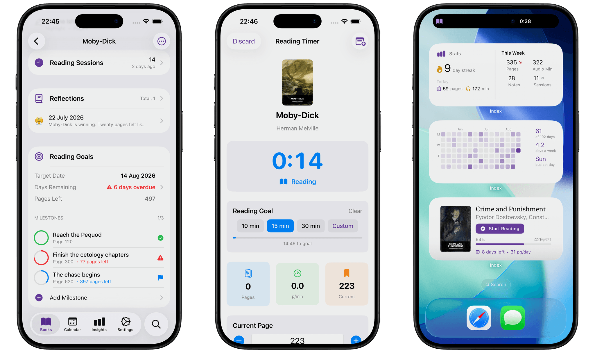 Three iPhone screenshots of Index: a book's reading goals and milestones, the reading timer, and home screen widgets